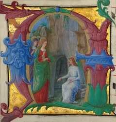 Iluminura de manuscrito com as santas mulheres junto do túmulo numa inicial A..., italiana, cerca de 1490-1500.