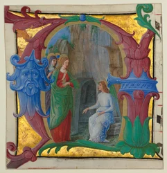 Iluminação de Manuscritos com as Santas Mulheres no Túmulo em Inicial A..., c. 1490-1500.