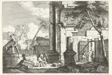 Ruínas antigas com salteadores de túmulos e palmeiras
Paisagens italianas (título da série)