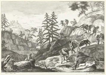 Paisagem de montanha com cavaleiros conduzindo cavalos a descer a encosta no caminho
Paisagens italianas (título da série)