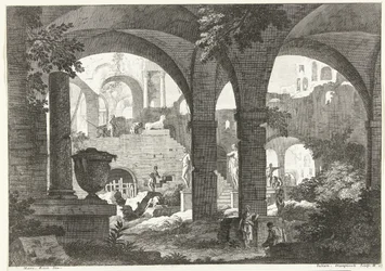 Ver sob abóbadas a ruínas e estátuas com algumas figuras
Paisagens italianas