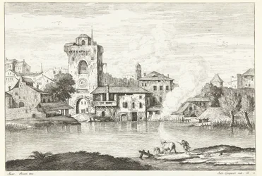 Vista da cidade com uma torre na água Paisagens italianas (título da série)