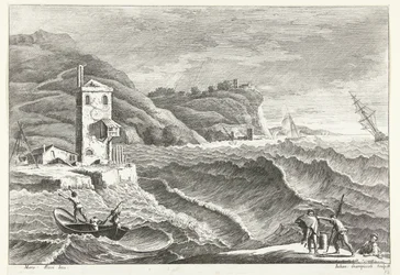 Paisagem costeira com tempestade no mar e farol de fogo Paisagens italianas (título da série)