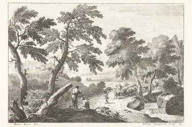Paisagem com pastores na estrada ao longo de pequena cascata
Paisagens italianas (título da série)