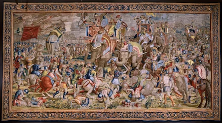 tapeçaria flamenga. Série Os Atos de Cipião: A Batalha de Zama. O cartunista Giulio Romano. Atelier de Balthasar van Vlierden (?), Bruxelas. 1523-1532.
