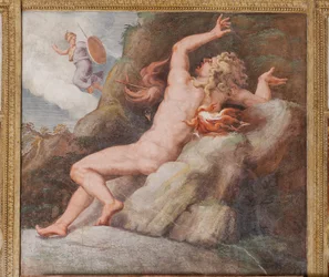 Ajax empalado com um flash de fogo sobre uma pedra afiada, O Cavalo de Tróia, Câmara de Tróia (Sala di Troia)