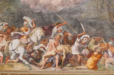 Ajax protegendo o cadáver de Patroclus durante a batalha de Tróia, O Cavalo de Tróia, Câmara de Tróia (Sala di Troia)