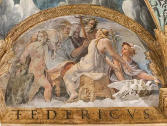Detalhe do cofre: lunette representando Vénus que obtém a disponibilidade de Mercúrio de Zeus, Câmara de Cupido e Psique (Sala di Amore e Psiche)
