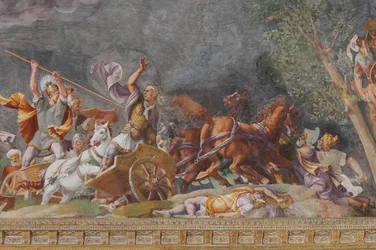 Detalhe representando uma batalha, O Cavalo de Tróia, Câmara de Tróia (Sala di Troia)