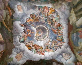 Zeus cercado por outros deuses do Olimpo lançando raios contra os Gigantes e destruindo-os, abóbada e muros Sul e Oeste, Câmara dos Gigantes (Sala dei Giganti )