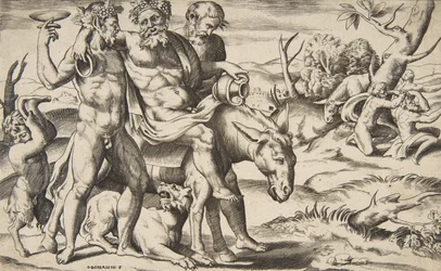 Um Silenus bêbado montado em um jumento sendo apoiado por sátiros, 1531-76.