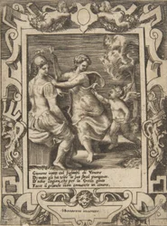 Atena sentada perto de Juno que tirou as flechas de Cupido, colocadas dentro de uma moldura elaborada..., 1531-76.