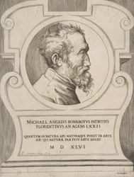 Busto de Michelangelo virado para a direita, dentro de uma cartela., 1546.