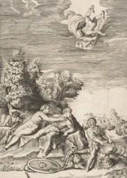 Calipso tentando deter Ulisses quando criança prepara sua armadura à direita e Mercúrio fa..., 1531-76.