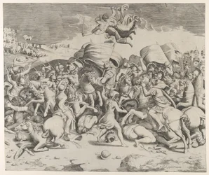 Constantino derrotando o tirano Maxêncio, anjos carregando espadas voam acima, 1544., 1544.