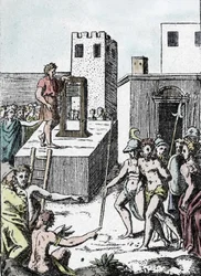 Pena de morte: a execução de uma sentença de morte com o antepassado da guilhotina (máquina uma descoloração) em Itália chamada Mannaia e concebida por Achille Bocchi, em 1555" Gravação de Giulio Buonasone (Bonasone) (1498-1574) (Representação do Maná