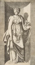 Diana segurando frutas na mão esquerda dentro de um nicho, ca. 1531-76.