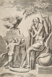 Pai Tempo à direita apoiado em uma foice, três meninos nus e águia à esquerda, 1..., 1531-76.