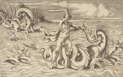 Hércules luta contra um dragão no centro, Achelous carregando Deianeira no canto superior esquerdo, 1531-76.