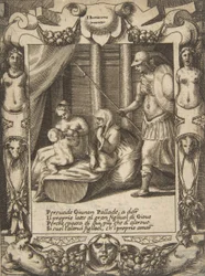 Juno convence Atena a amamentar o jovem Hércules, colocado dentro de uma moldura elaborada, de..., 1531-76.