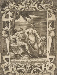 Júpiter à esquerda na forma de um pastor acompanhado por Mnemósine, colocado dentro de um elabo..., 1531-76.