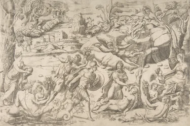Marte e Rhea Silvia: no centro Marte segura um escudo e uma espada, Rhea Silvia dorme..., ca 1531-76.