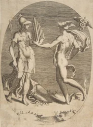 Mercúrio apresentando uma gaita de pã para Minerva que está à esquerda, uma composição oval, 1531-76.