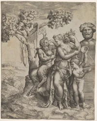 Pan sentado perto de uma figura feminina segurando uma cornucópia uma ninfa ou Pomona, à direita ..., ca. 1550-60.