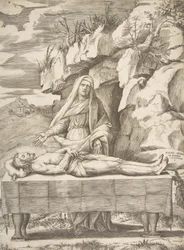 Pietà, Cristo estendido sobre uma mesa numa paisagem, a Virgem de pé atrás dos braços..., 1531-76.