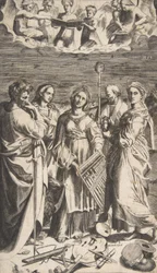 Santa Cecília em pé no centro acompanhada por São Paulo, Madalena, São João..., 1531.