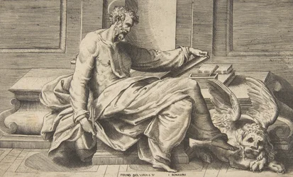 São Marcos escrevendo seu Evangelho, um leão alado à direita, 1531-76.