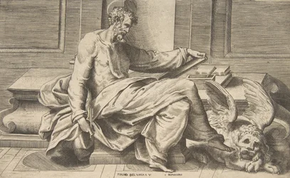 São Marcos escrevendo seu evangelho, leão alado à direita, 1531-76.