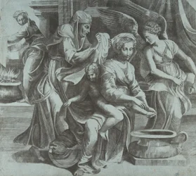 A Virgem lavando o Menino Jesus acompanhada de figuras e um anjo à direita, ..., ca. 1550-60.