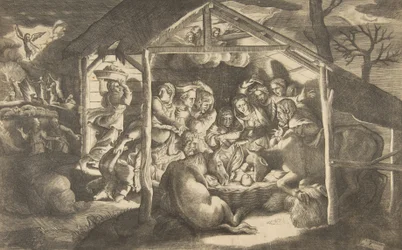 A adoração dos pastores, várias figuras em torno do Menino Jesus no séc..., 1531-76.