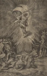 A ressurreição de Cristo, segurando uma bandeira na mão direita, soldados cercando o t..., 1561.