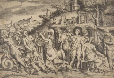 A história de Jasão e Medeia à esquerda ela carrega seu filho, no meio ela está ..., 1531-76.