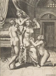 O banheiro de Psique que está sentado no centro sendo atendido, 1531-76.