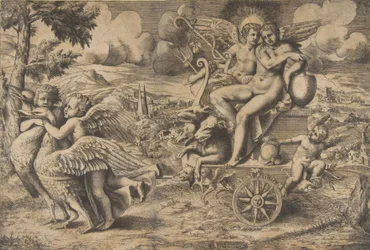 O triunfo de Cupido e Psique que estão sentados em uma carruagem puxada por dois pássaros descansam..., c. 1550-67.