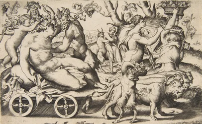 Triunfo de Baco que está sentado em uma carruagem à esquerda, 1531-76.