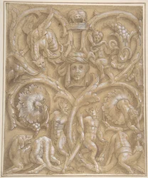 Design para um Painel Ornamental com Rinceaux, Satyrs, Putti, Monsters e uma Cabeça Humana, 1535-45.