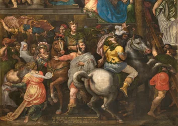 Muro em frente à contra-fachada do transepto sul, Giuseppe Campi, Triunfo de Mordecai 1567, Detalhe da parte inferior