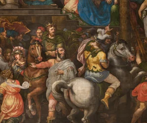 Muro em frente à contra-fachada do transepto sul, Giuseppe Campi, Triunfo de Mordecai 1567, Detalhe da parte inferior