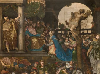 Muro oposto à contra-fachada do transepto sul, Giuseppe Campi, Triunfo de Mordecai 1567, Detalhe parte alta