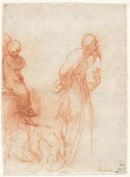 a) Estudos de figuras e de uma mão (anverso); b) Estudos de um touro (verso), c.1530 (giz vermelho sobre papel)