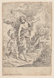 Um anjo da guarda andando de mãos dadas com uma criança, 1640-60.