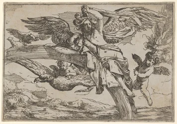 Air, representado por Iris reclinada em seu arco-íris, acompanhada por um putto alado bearin ..., 1640-60.