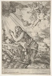 Penitente Magdalen ajoelhada em um terreno rochoso diante de uma caveira e ossos, uma pomada ..., ca. 1640-55.