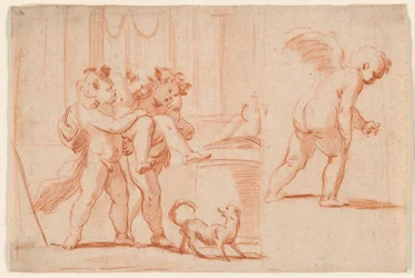 Dois Putti carregando um terceiro Putto; outro Putto da retaguarda