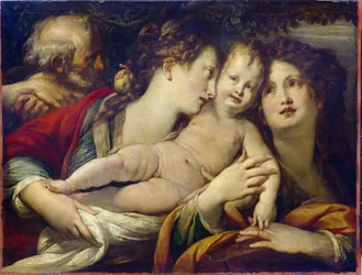 O Casamento Místico de Santa Catarina (c. 290-307) (O Casamento Místico de Santa Catarina). A Virgem Maria apresenta o menino Jesus a Santa Catarina de Alexandria, que recebe a aliança de casamento em seu dedo. Pintura de Giulio Cesare Procaccini (1574-162