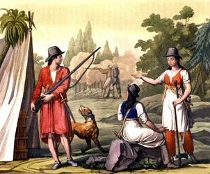 Bucaneiros e mulheres flibustier: o pirata Jack Rackham diz o Red ou John Rackham, mais conhecido como Calico Jack (? -1720) representado com Anne Bonny (Bonney) e Mary (Marc) Read nas Índias Ocidentais. Placa retirada de “” O traje antigo e moderno” de F